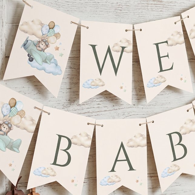 Bandeirinha Mal Podemos Esperar Chuveiro de Bebê Aviador (We Can Bearly Wait Baby Shower Buntin Bunting Flags)