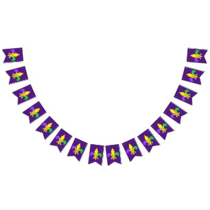 Bandeirinha Mardi Gras Verde Amarelo Púrpura Fleur-de-Lis