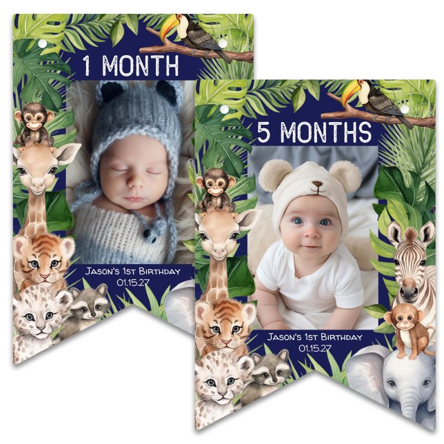 Bandeirinha Marinho Azul Safari Selvagem Com Um primeiro anive (Navy Blue , Wild One Safari Themed, Jungle Animals 1st birthday Monthly Photo Bunting Banner.)