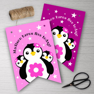 Bandeirinha Meninas Fofas de Aniversário Pinguins Rosas Flores