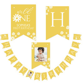 Bandeirinha Milestone 1st Birthday Photo White Daisy Bunting