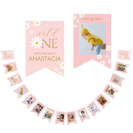 Bandeirinha Milestone 1st Birthday Pink Photo White Daisy