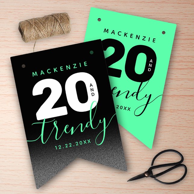 Bandeirinha Modern Girly Mint Green 20 e Trendy Birthday (Girly Mint Green 20 and Trendy Her 20th Birthday Bunting Flags Cover Photo.)