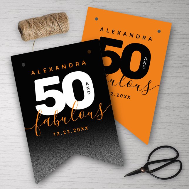 Bandeirinha Modern Girly Orange 50 e Fabulosa (Girly Orange 50 and Fabulous Her 50th Birthday Bunting Flags Cover Photo.)