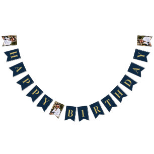 Bandeirinha Moldura Art Déco Azul Marinho e Dourado Feliz Aniv