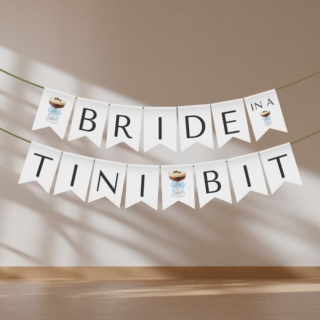 Bandeirinha Noiva num Bit Tini - Espresso Martini Bridal (Bride in a Tini Bit - Blue Bow Espresso Martini Bridal Bunting Flags)