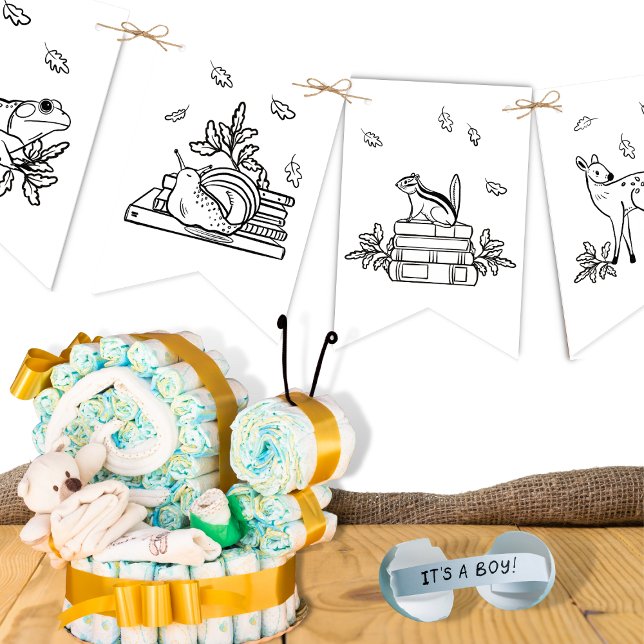 Bandeirinha O Livro De Animais Da Floresta Pareceu Colorido (Black and White Woodland Animals Baby Shower Bunting Flag)
