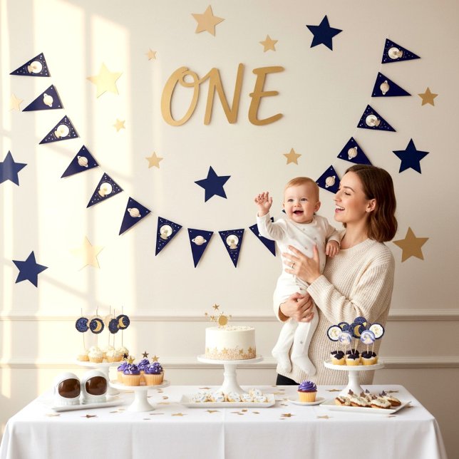 Bandeirinha Outer Space Baby Shower Moon Stars Bunting Banner (Criador carregado)