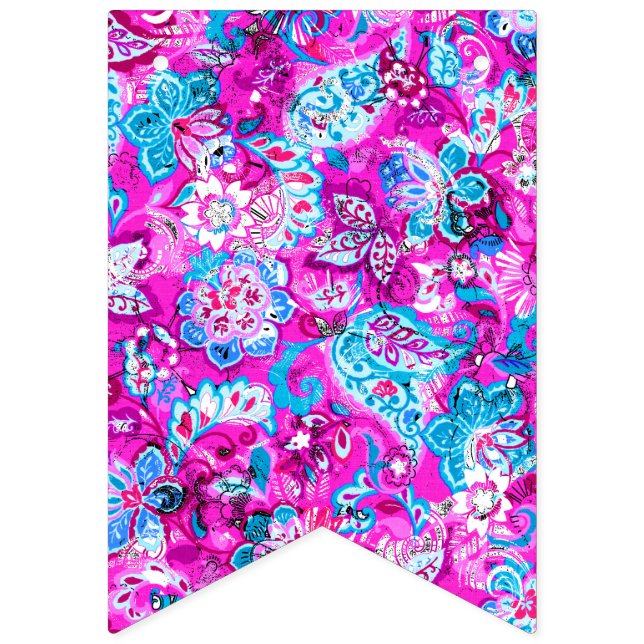 Bandeirinha Padrões de flores azuis cor-de-rosa fofos (Primeira Bandeira)