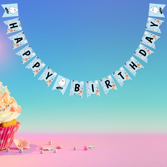 Bandeirinha Parabéns Feliz de Dia das Bruxas Azul e Bonito (Blue Spooky One Cute Ghost Halloween Happy Birthday Bunting Flags)