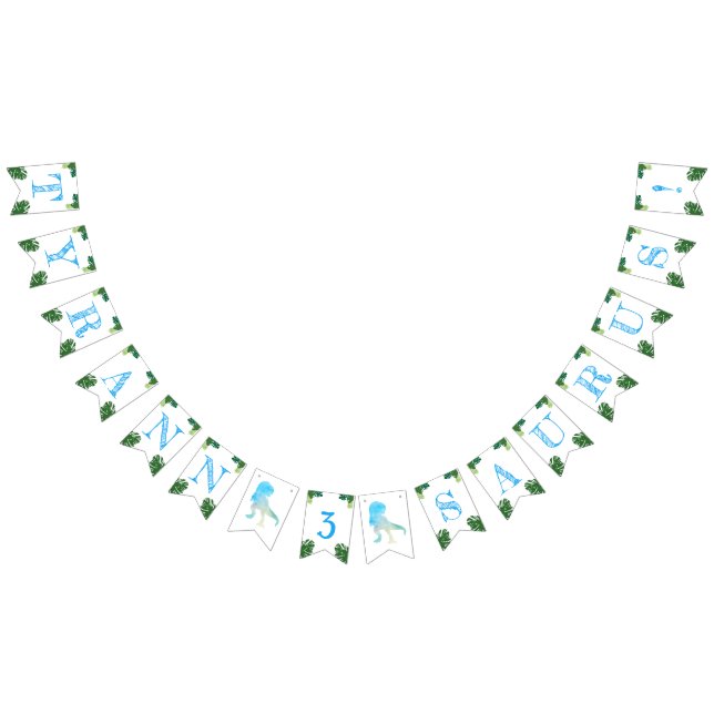 Bandeirinha Partido Dinossauro aniversário de 3 anos Azul Tyra (Todos)