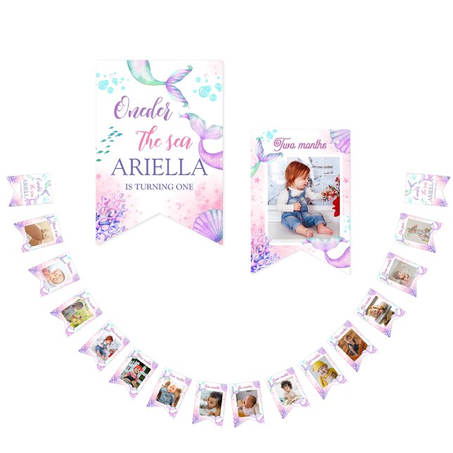 Bandeirinha Portão-sereia Aquarela Aniversário sob o Mar (Criador carregado)