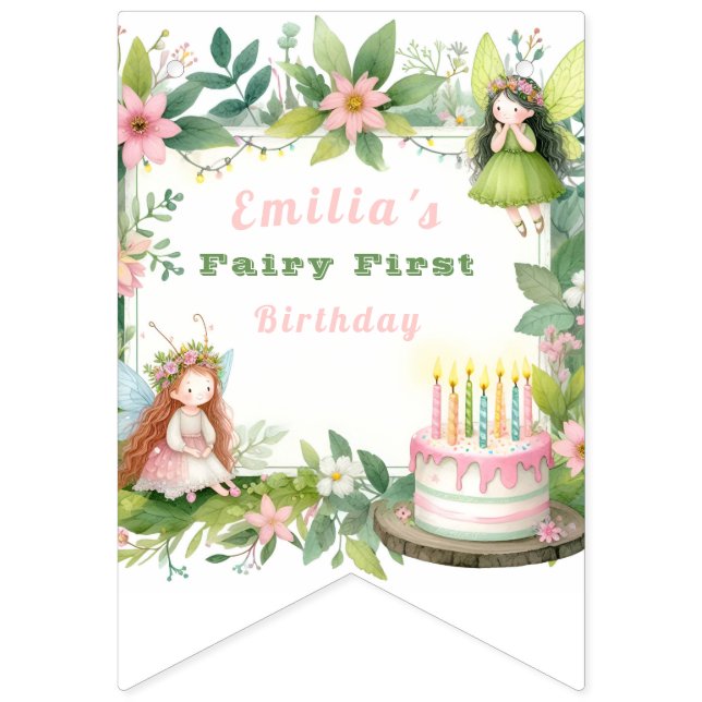 Bandeirinha Primeiro Aniversário da Fada Verde Pastel - (Primeira Bandeira)