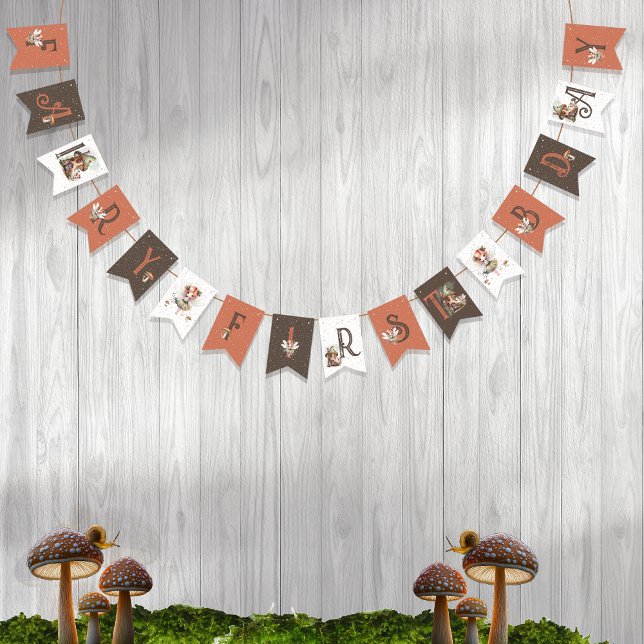 Bandeirinha Primeiro aniversario De Cogumelo De Primeira Madei (Fairy First Woodland Animals Mushrooms Girl's 1st Birthday Party Bunting Banner)