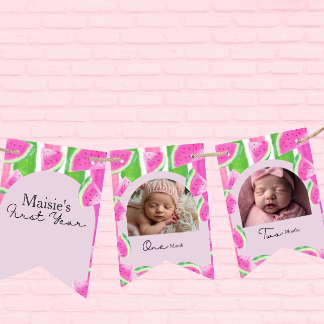 Bandeirinha Primeiro aniversario Watermelon Personalizado 12 F (Custom Watermelon 1st Birthday 12 Photo Bunting Flags)