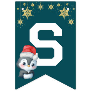 Bandeirinha Red Green Watercolor Pinguin Merry Christmas Party