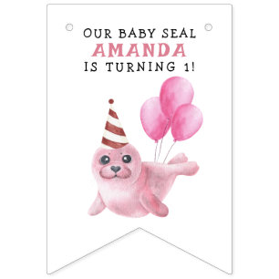 Bandeirinha Selo Rosa Aniversário de 1 ano Sob o Mar