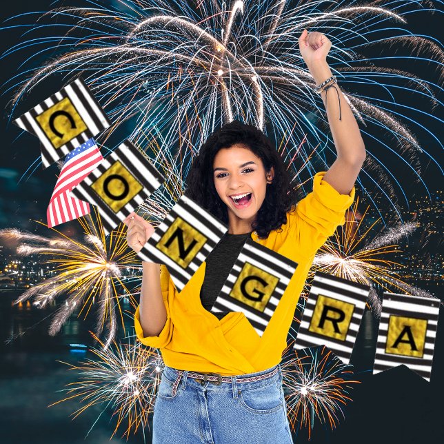 Bandeirinha Seu Texto Aqui Dourado Padrão de Stripe Preta (Criador carregado)