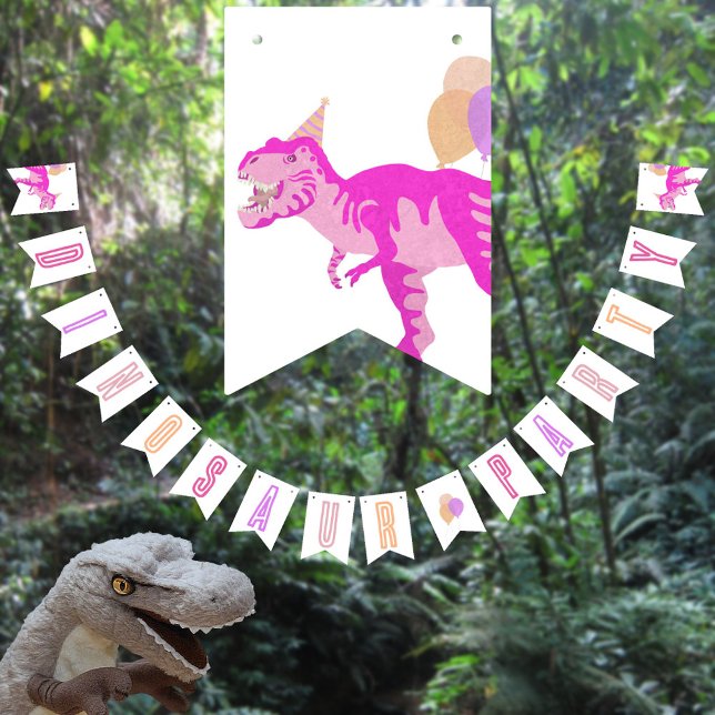 Bandeirinha T-Rex Pink Note-Noite-Cinado Partido Dinossauro Ju (This fun DINOSAUR BIRTHDAY bunting will add to your custom pink dinosaur birthday party décor)
