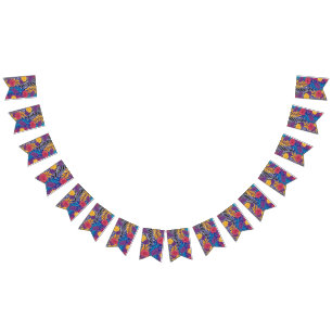 Bandeirinha um padrão de flor colorida e folhas em um fundo az