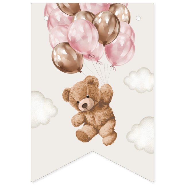 Bandeirinha Urso de Teddy, Balões Rosa, Primeiro Aniversário (Primeira Bandeira)