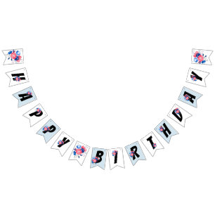 Bandeirinha vermelho, azul floral, feliz aniversário, BANNER 