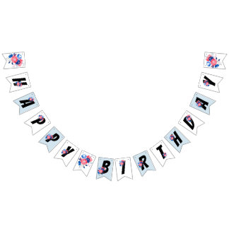 Bandeirinha vermelho, azul floral, feliz aniversário, BANNER D