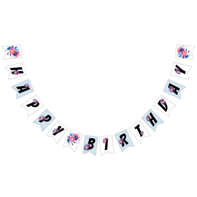 Bandeirinha vermelho, azul floral, feliz aniversário, BANNER D (Todos)