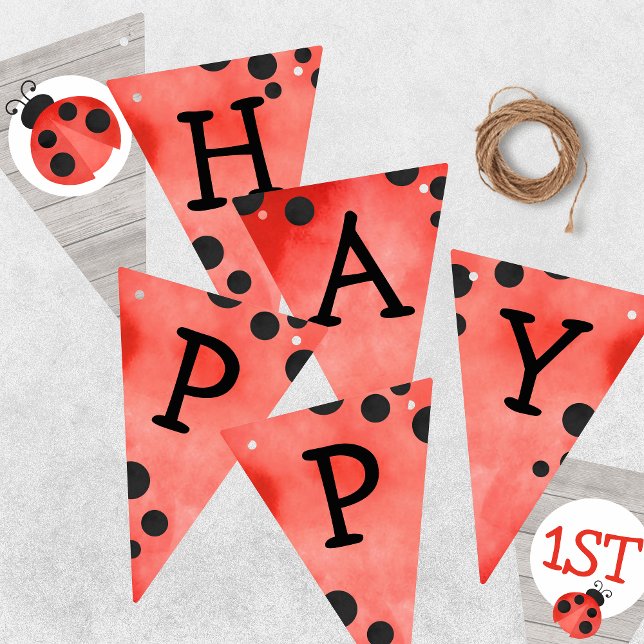 Bandeirinha Watercolor Ladybug Happy Birthday Bunting Banner (Watercolor Ladybug Happy Birthday Hanging Triangle Pennant Bunting Banner)