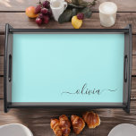 Bandeja Aqua Blue Teal Modern Script Girly Monographic Nam<br><div class="desc">Nome Simples do Monograma de Script de Teal Azul Aqua Local para Servir a Bandeja. Isso faz a formatura perfeita,  aniversário,  casamento,  chá de panela,  aniversário,  chá de fraldas ou presente de festa de solteira para alguém que ama luxo de vidro e estilos quíticos.</div>