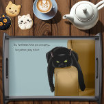 Bandeja Black Cat Funny Sassy Blue<br><div class="desc">Um gato preto giro deitado num braço de sofá marrom num pano de fundo azul. O gato é um gato picante cheio de asas enquanto eles entendem o humano,  mas eles escolhem ignorá-los.</div>