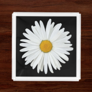 Bandeja De Acrílico Flor de margarida branca no Floral Preto
