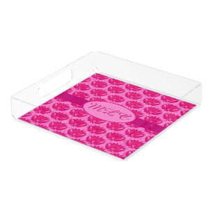Bandeja De Acrílico Fuchsia Rosa Moderna Arte Nouveau Damask Monograma