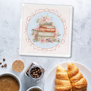 Bandeja De Acrílico Rosas e Livros Rosa Vintage e Floral