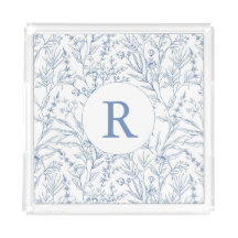 Tabuleiro Acrínico de Monograma Floral Branco e Az