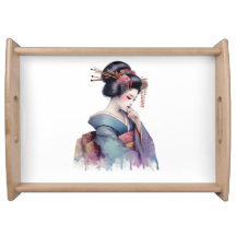 Elegant Watercolor Geisha in Soft Teal and Plum