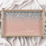 Bandeja Monograma da rosa Dourada Laser Linear de Prata Ro<br><div class="desc">Rosa Dourado - Cor-de-rosa pincelado e Faux Sparkle Glitter Script Monograma Name Place Serving Tray. Isso faz a formatura perfeita,  aniversário,  casamento,  chá de panela,  aniversário,  chá de fraldas ou presente de festa de solteira para alguém que ama luxo de vidro e estilos quíticos.</div>