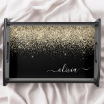 Bandeja Nome da Rapariga do Monograma do Script Glitter Pr<br><div class="desc">Nome do Monograma do Script Glitter Glitter Glitter Preto e Dourado Faux Sparkle Local para Servir a Bandeja. Isso faz a formatura perfeita,  aniversário,  casamento,  chá de panela,  aniversário,  chá de fraldas ou presente de festa de solteira para alguém que ama luxo de vidro e estilos quíticos.</div>