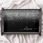 Bandeja Nome da Rapariga do Script de Largura Preta do Sil<br><div class="desc">Nome do Monograma do Script Glitter Glitter Glitter Preto e Faux Silver Faux Coletor Local Servindo Bandeja. Isso faz a formatura perfeita,  aniversário,  casamento,  chá de panela,  aniversário,  chá de fraldas ou presente de festa de solteira para alguém que ama luxo de vidro e estilos quíticos.</div>