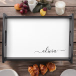 Bandeja Nome do Monograma Girly de Script Moderno Branco N<br><div class="desc">Local de Serviço do Monograma de Script Simples Preto e Branco. Isso faz a formatura perfeita,  aniversário,  casamento,  chá de panela,  aniversário,  chá de fraldas ou presente de festa de solteira para alguém que ama luxo de vidro e estilos quíticos.</div>