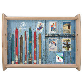Bandeja Vintage Wood Skis e Posteres de viagens de Esqui