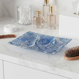 Bandejas Mármore com padrão branco prateado e azul brilhant