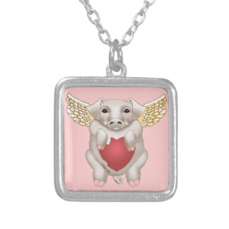 Banhado A Prata Colar quadrado Flying Pig Love