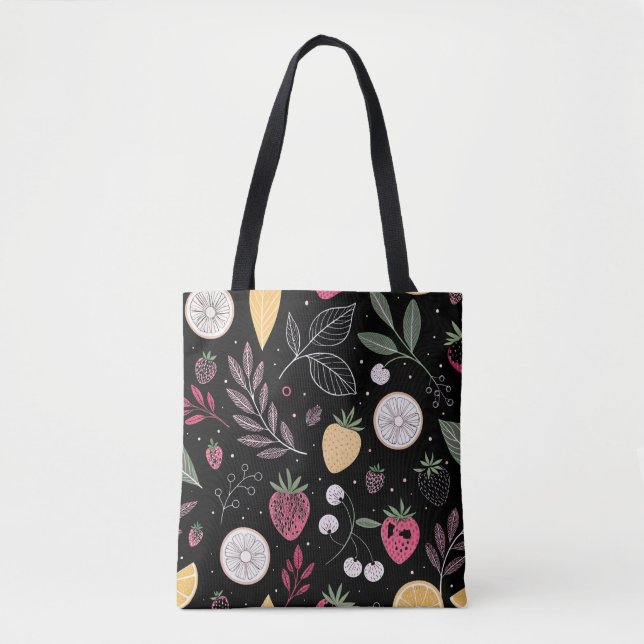 "Banheira de Tote de Padrão de Fruta Floral Preto" (Frente)