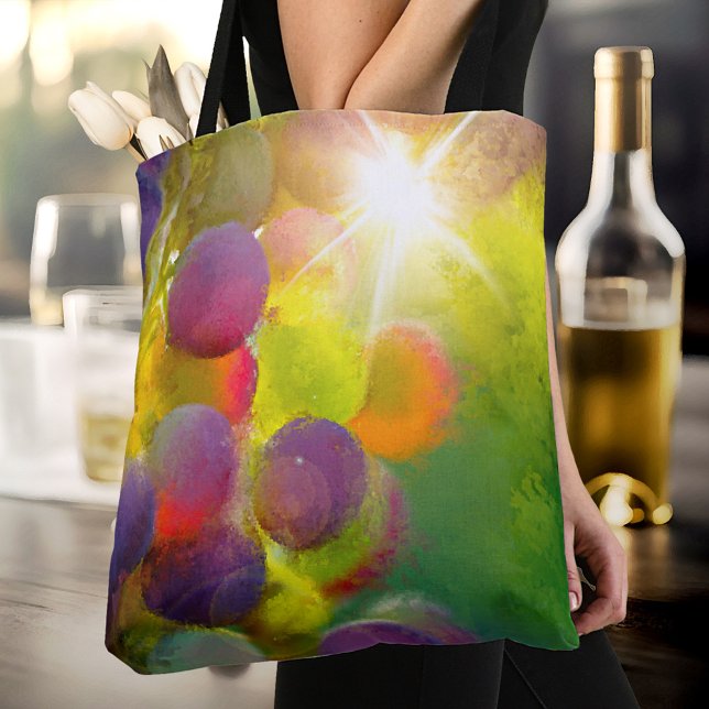 Banheira de Tote de Vinhos Coloridos (A modern designer bag featuring a colorful painting of grapes in the sun)