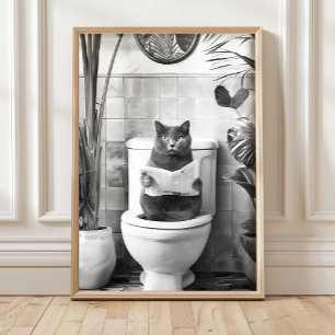 Banheiro Preto e Branco Impressão de Gato, Posters