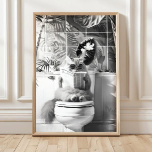 Banheiro Preto e Branco Impressão de Gato, Posters