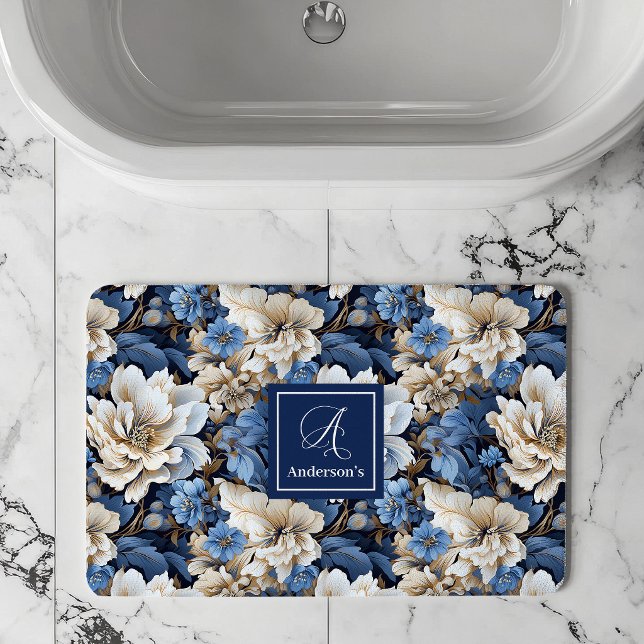 Banheiro Tapete de Banho com Nome Personalizado Flores Bran (Classic Blue White Flowers Custom Name Bath Mat)