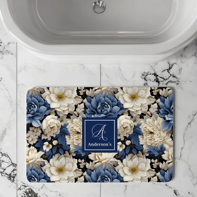 Banheiro Tapete de Banho com Nome Personalizado Flores Bran (Premium Blue White Flowers Custom Name Bath Mat)