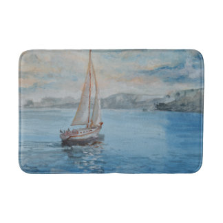 Banheiro Tapete de Banho de Barco à Vela em Aquarela Azul S